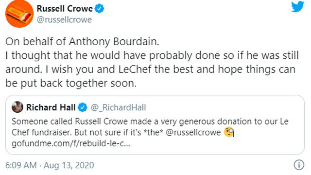 الممثل راسل كرو يتبرع بمبلغ كبير لصالح مطعم لو شيف